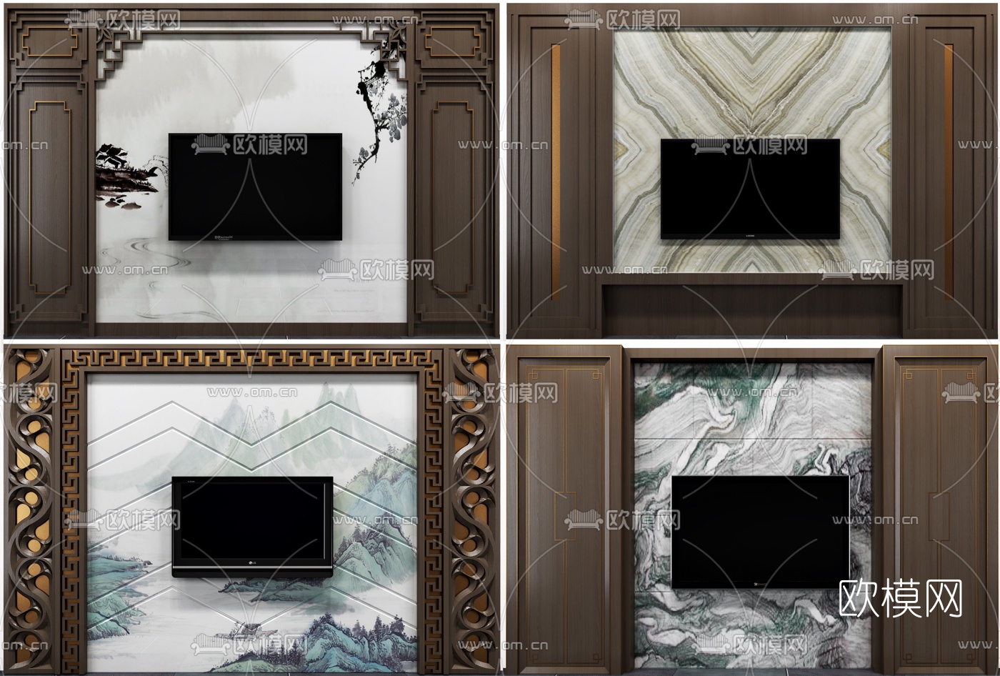 新中式电视背景墙3d模型