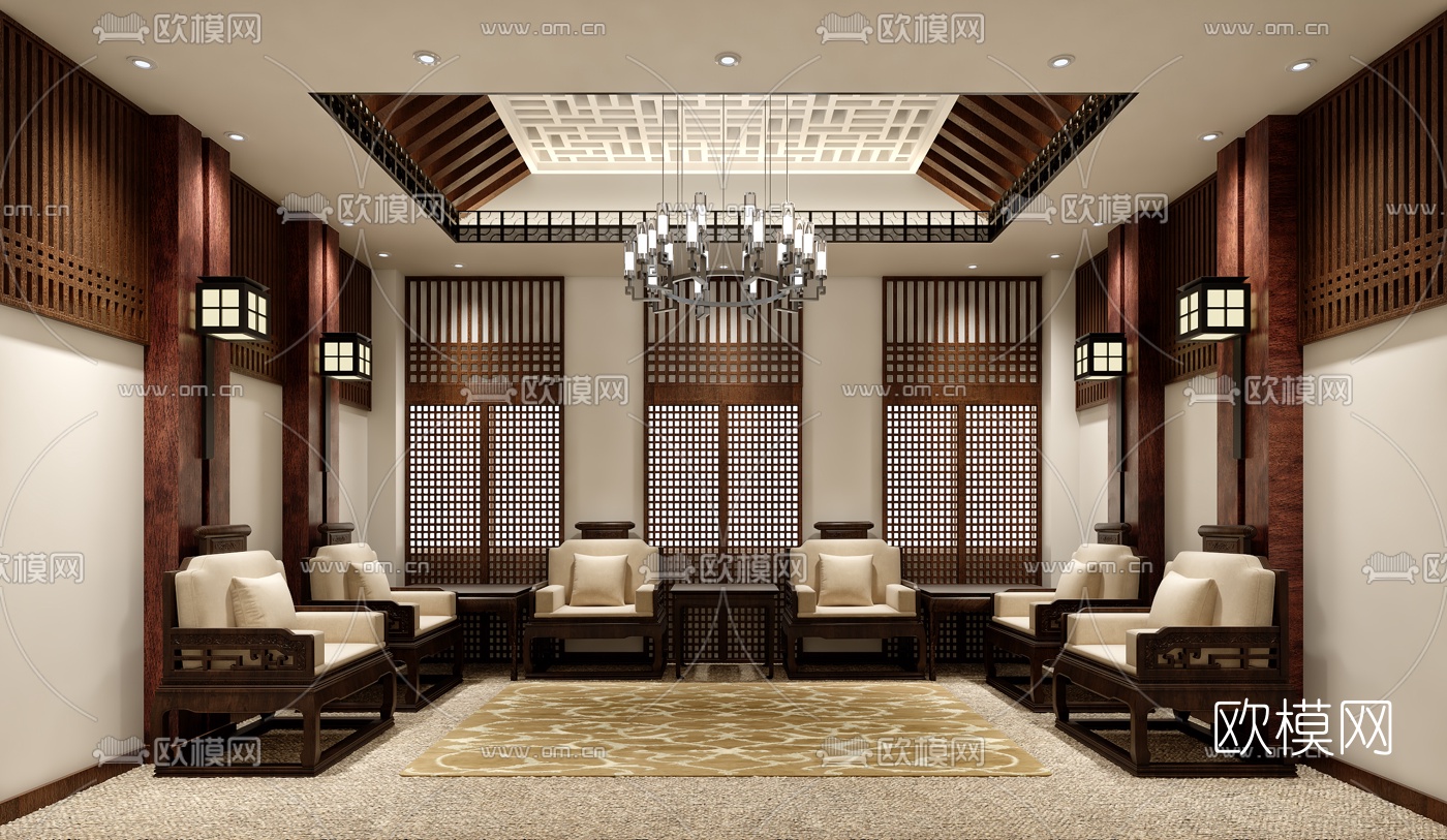 新中式会所洽谈室3d模型下载_ID10195064_3dmax免费模型-欧模网