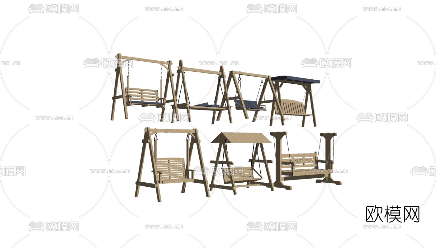 现代实木户外吊椅组合su模型下载（渲染图2）