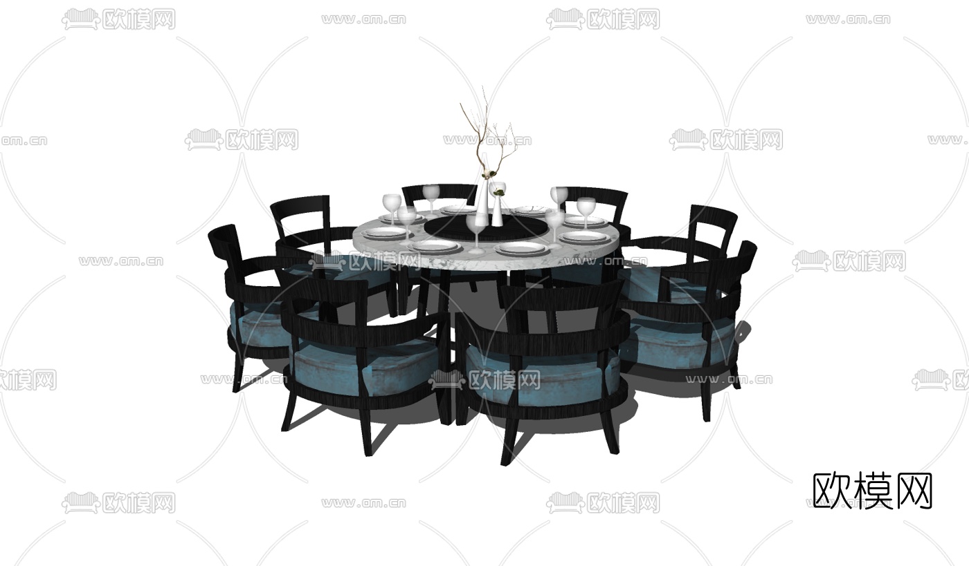 新中式圆形餐桌椅组合免费su模型下载