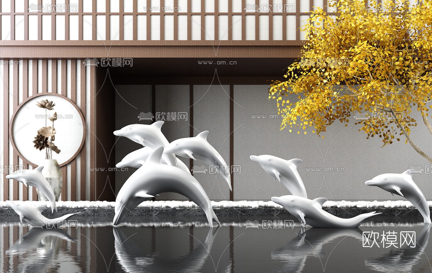新中式海豚雕塑水景景观小品3d模型