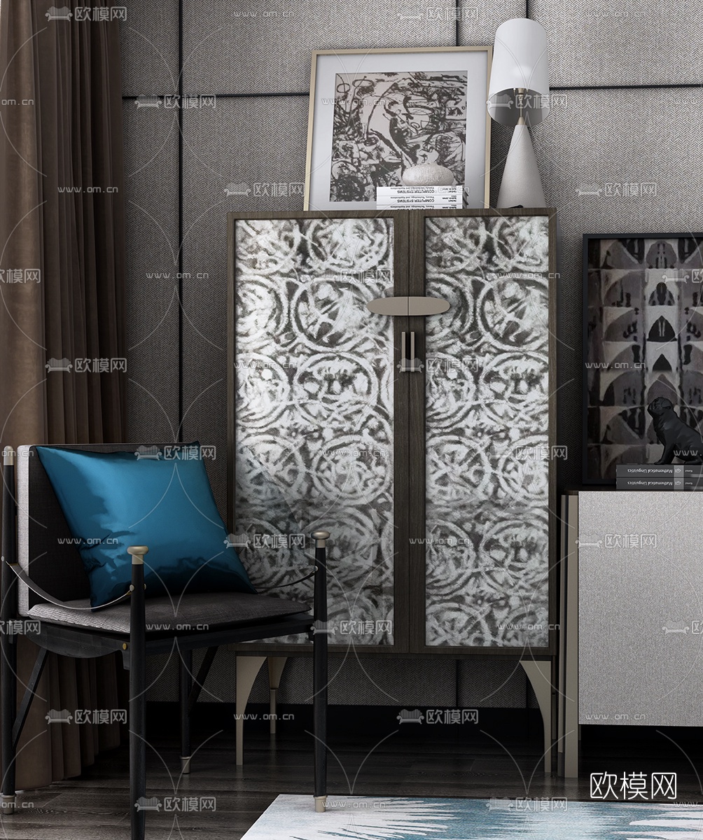 葛亚曦 新中式 单椅斗柜组合3D模型下载