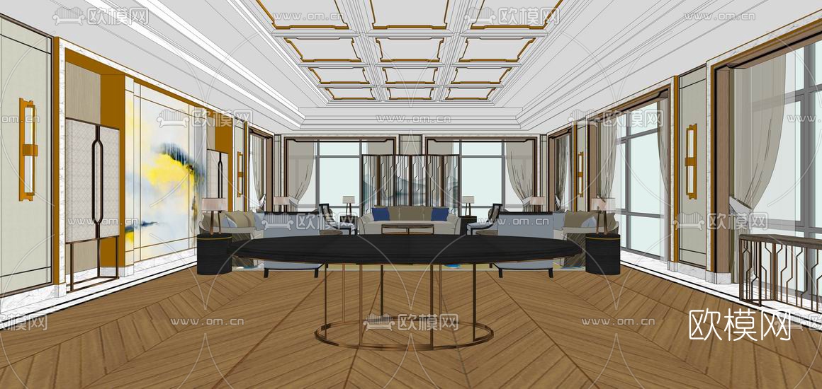 新中式会客厅su模型下载（渲染图6）