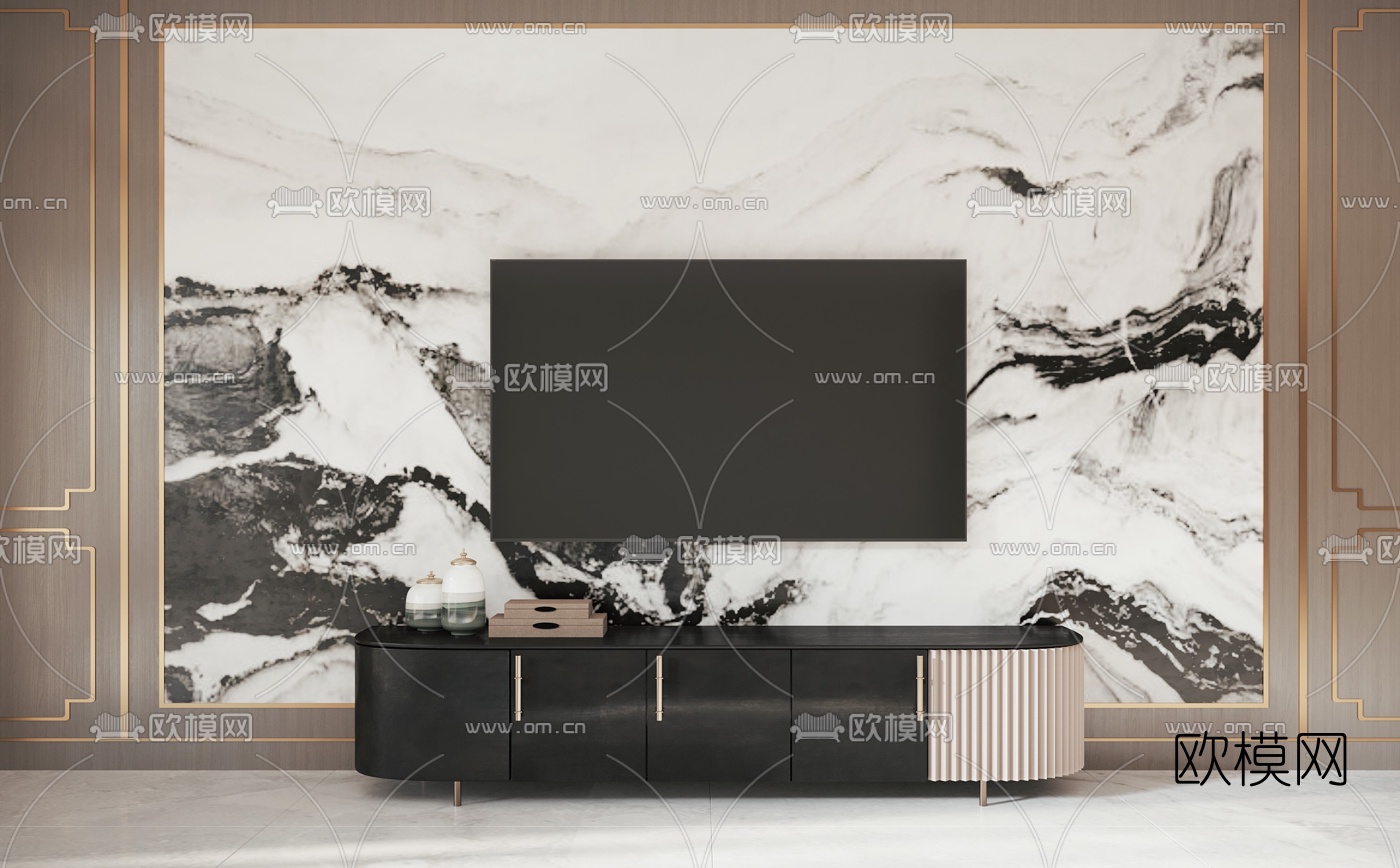 新中式轻奢电视柜3d模型下载（渲染图2）
