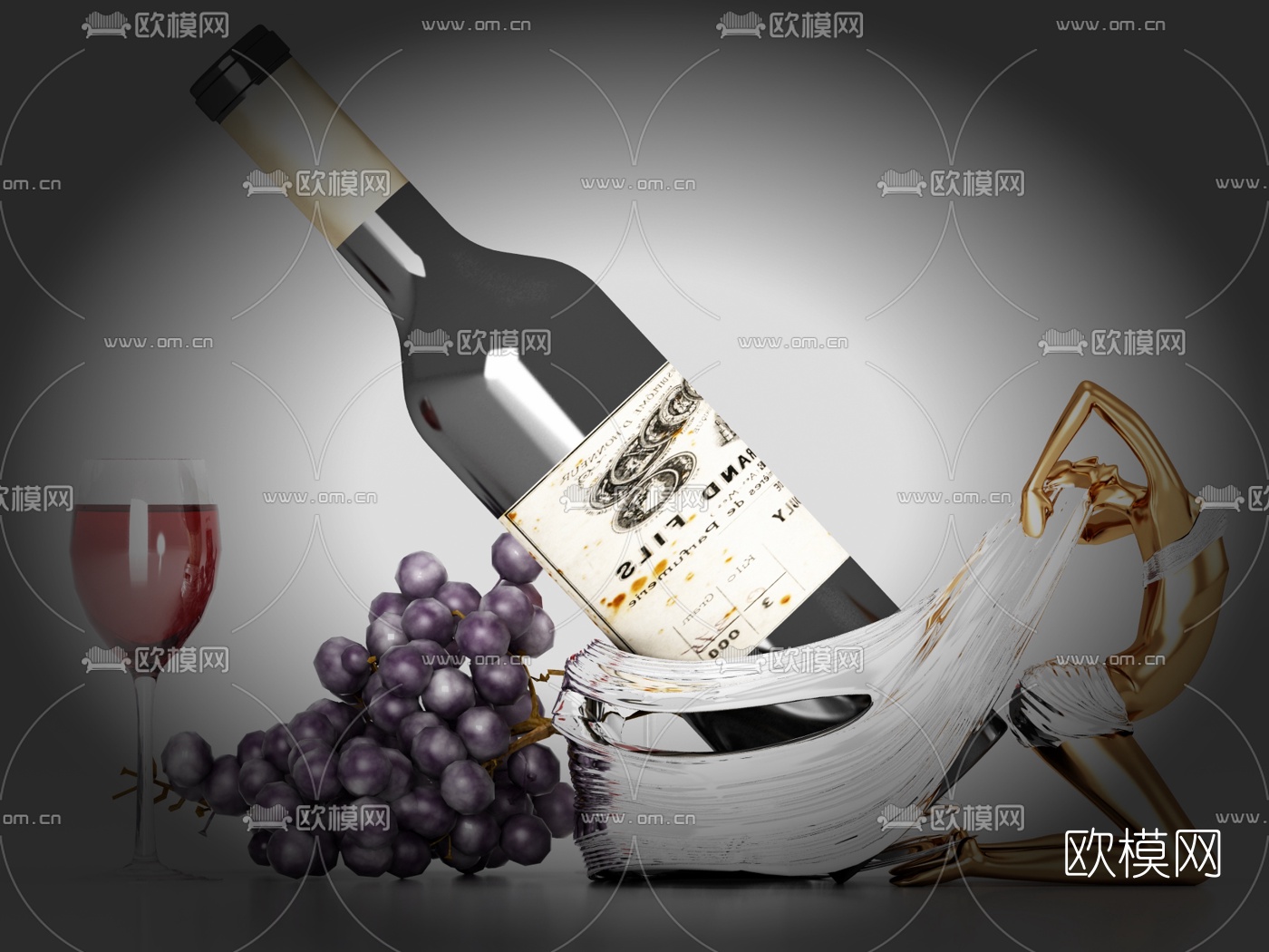 现代葡萄红酒3d模型下载（渲染图2）
