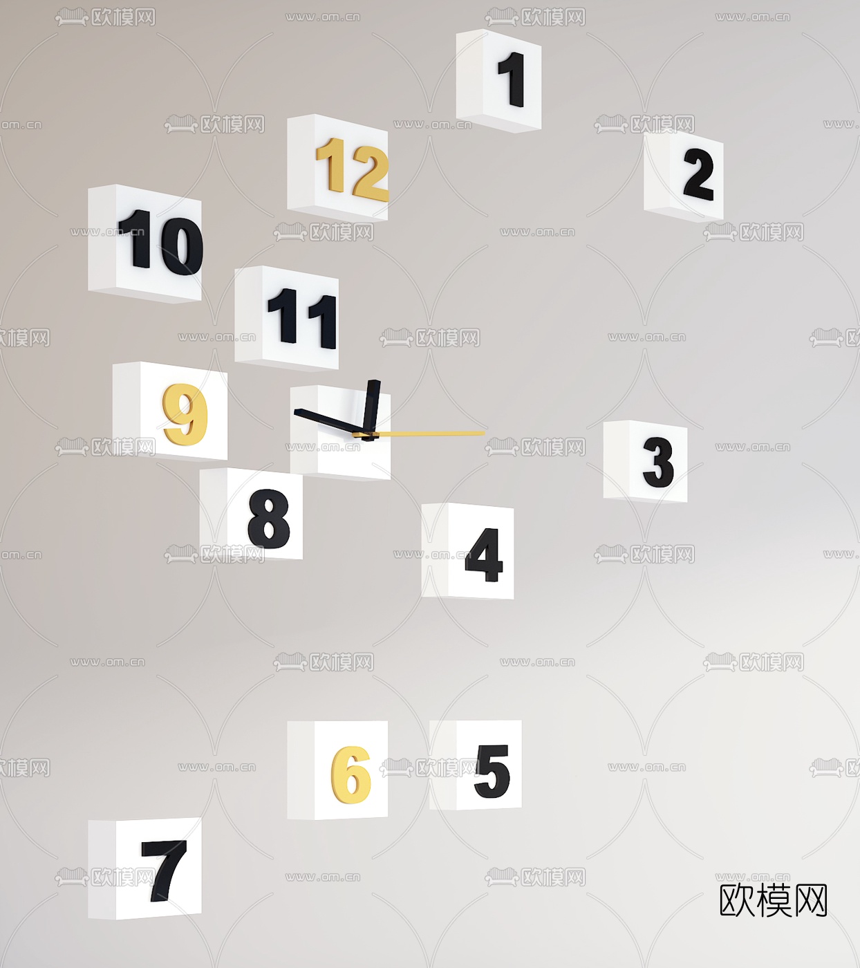 现代黑白方块钟表时钟挂钟3d模型