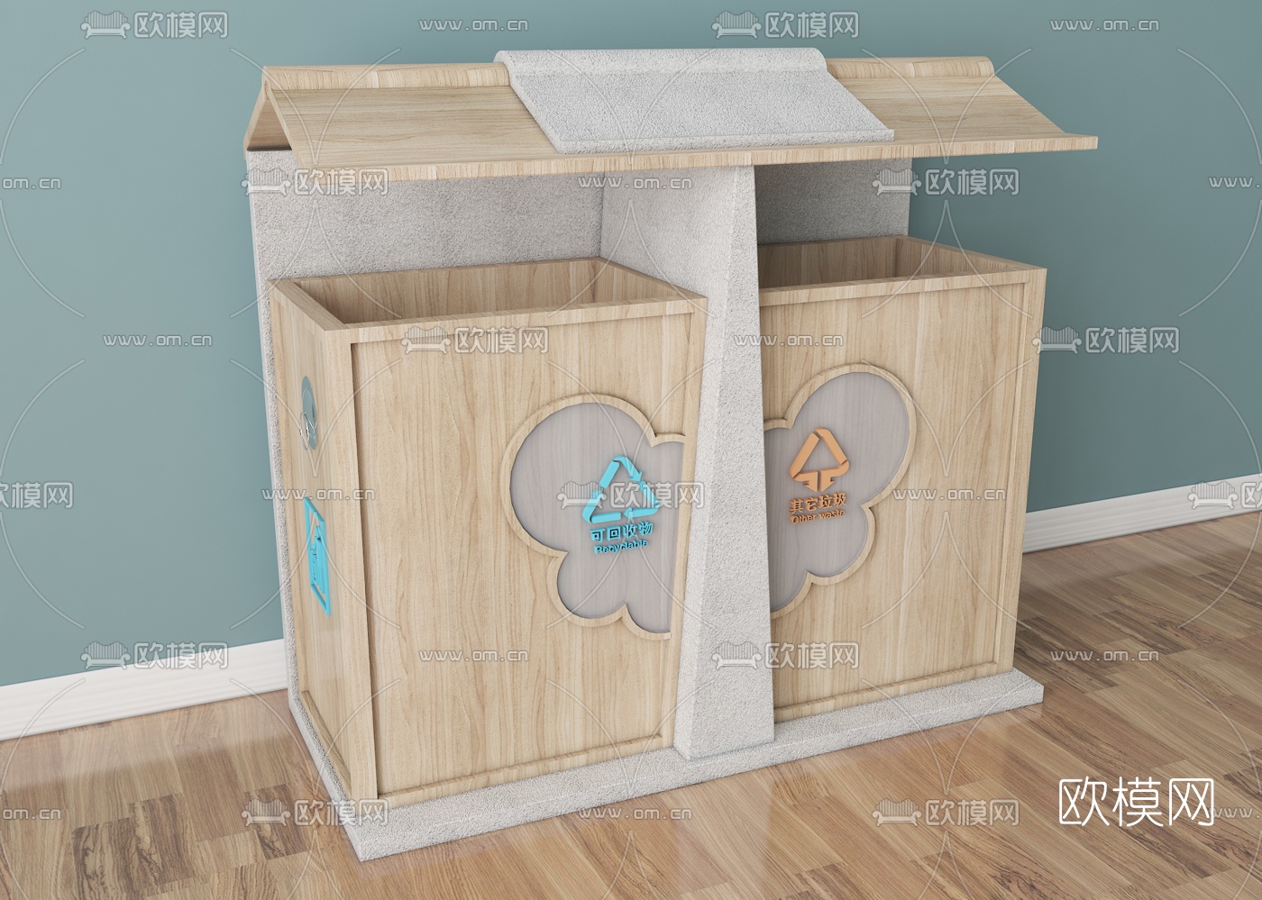新中式实木公共垃圾桶组合3d模型下载（渲染图5）