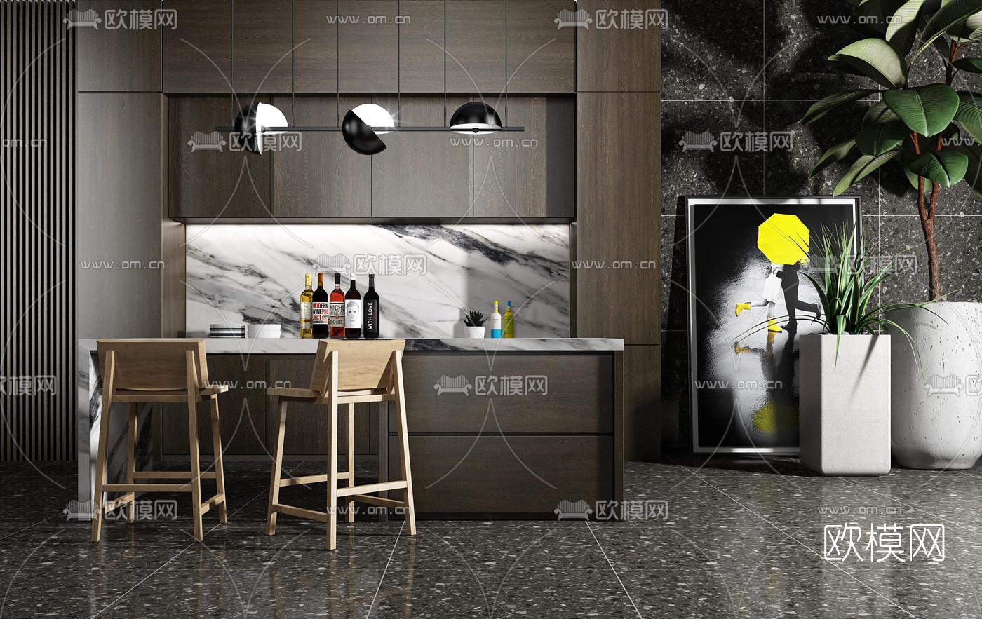 现代实木大理石吧台3d模型下载（渲染图1）