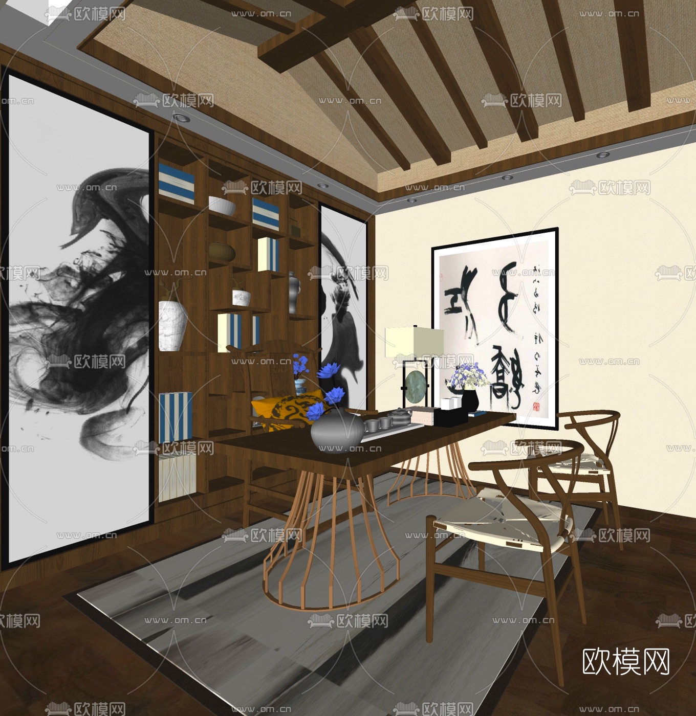 中式书房su模型下载（渲染图1）