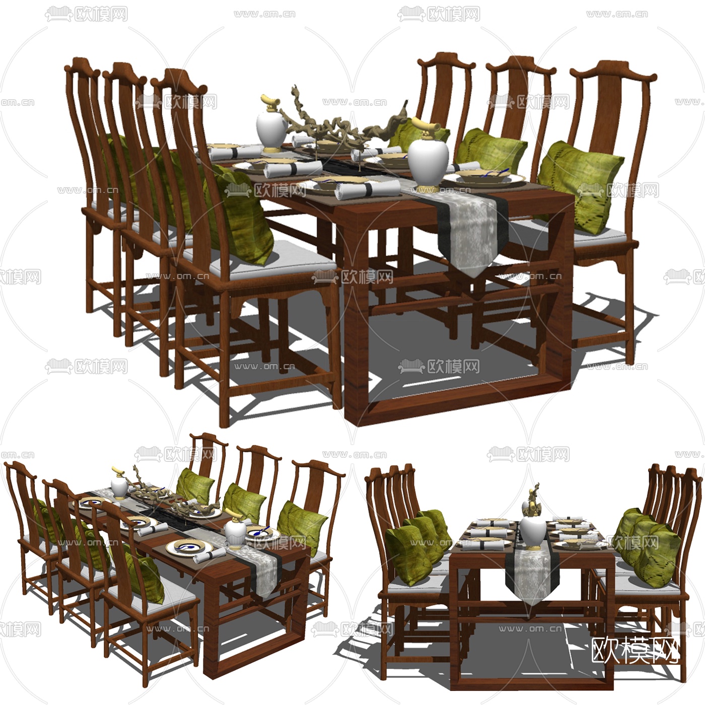 新中式实木餐桌椅免费su模型下载