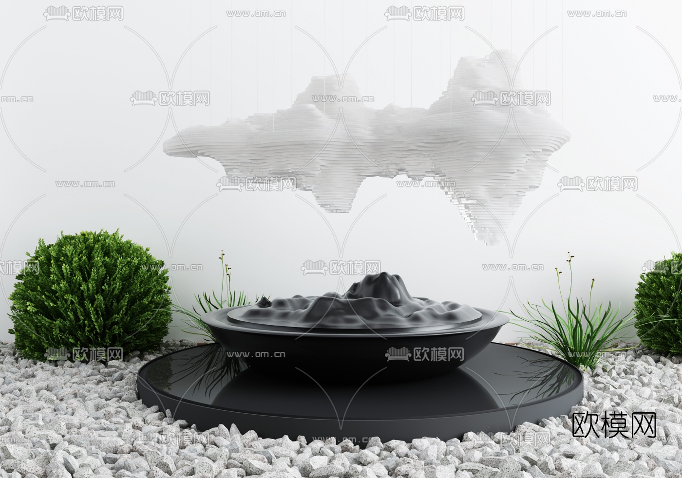 新中式假山石头绿植景观小品3d模型