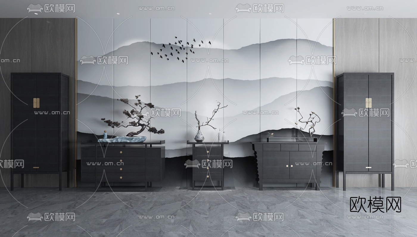 新中式实木边柜斗柜3d模型