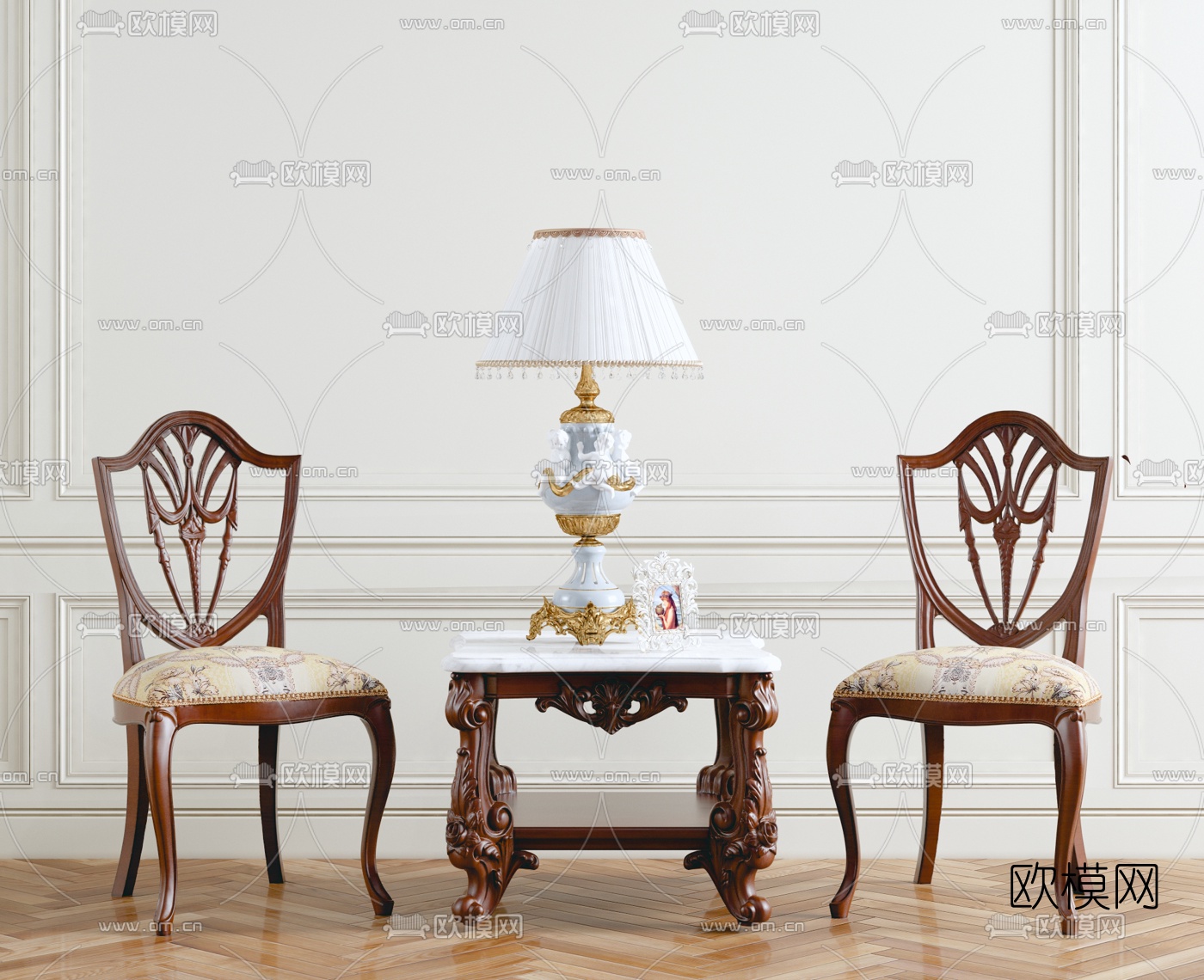 法式单椅方几台灯组合3D模型下载