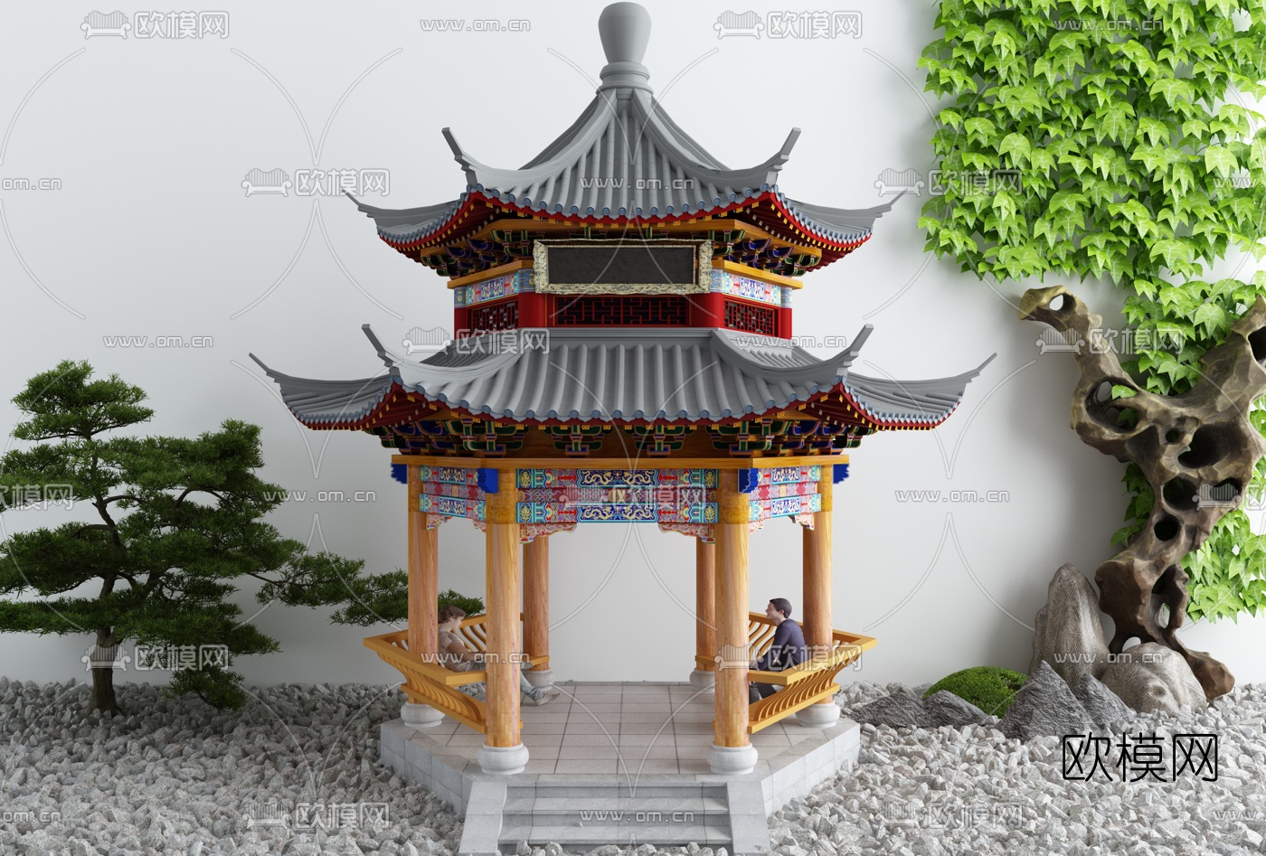 新中式重檐八角亭景观小品3d模型