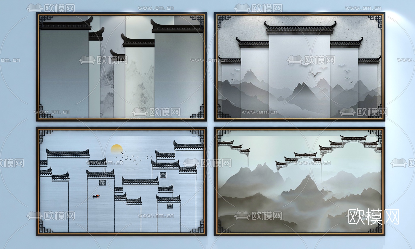 新中式微派电视背景墙3d模型