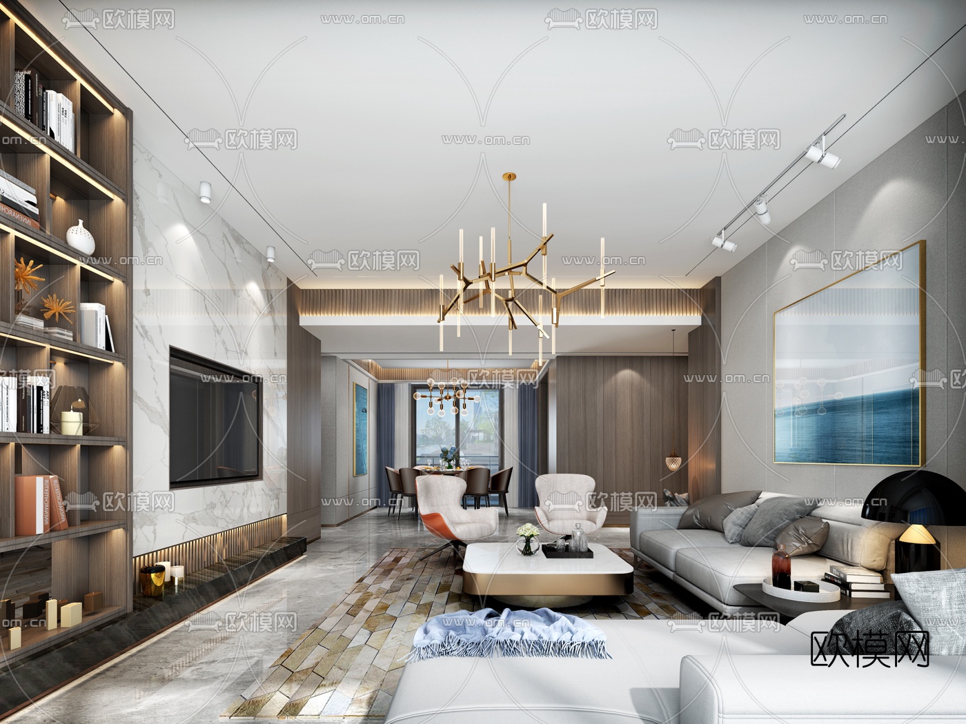 后现代客厅餐厅3d模型下载（渲染图1）