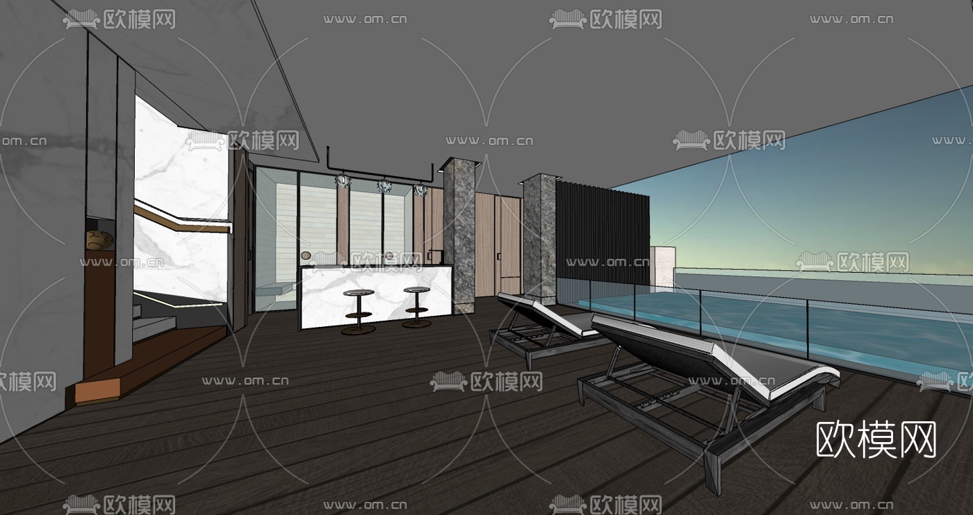 新中式会所泳池su模型下载（渲染图3）