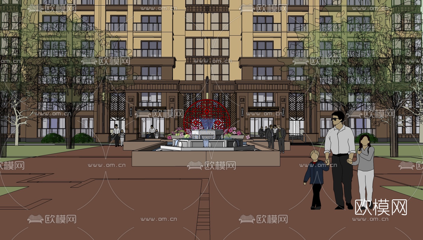 新古典高层公寓楼su模型下载（渲染图2）