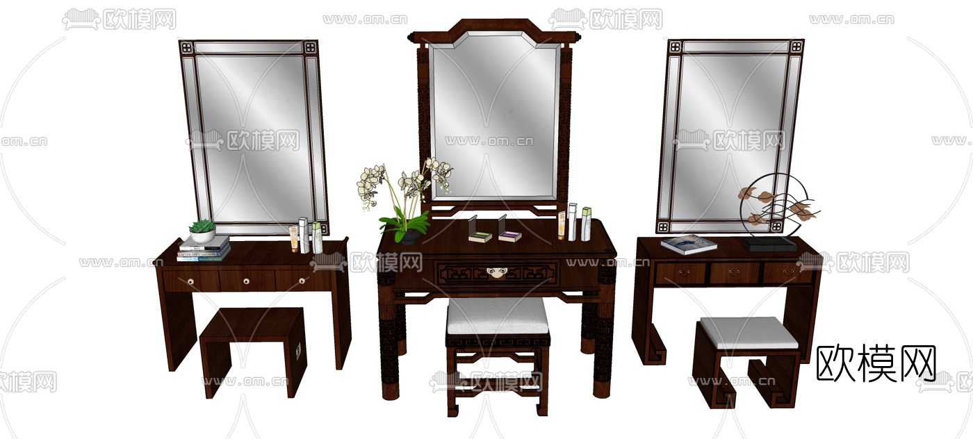 中式梳妆台组合su模型下载
