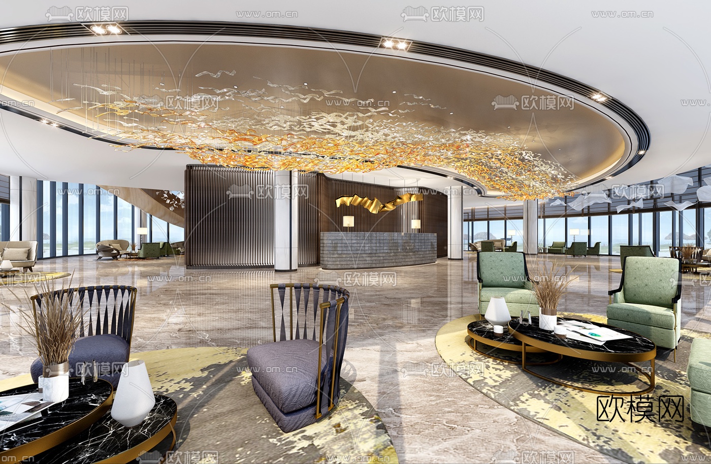 现代酒店大堂休息区3d模型-免费3dmax模型库-欧模网