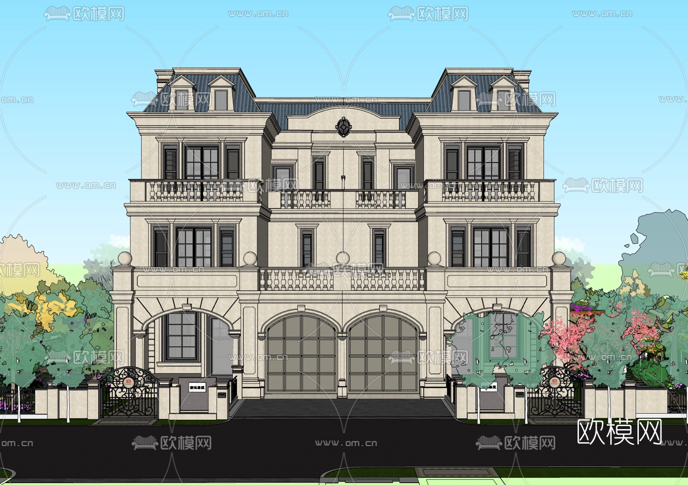 法式连排别墅su模型下载（渲染图2）