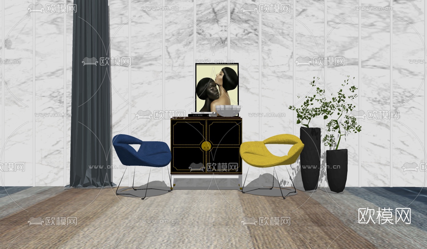 新古典边柜休闲椅组合su模型下载（渲染图2）