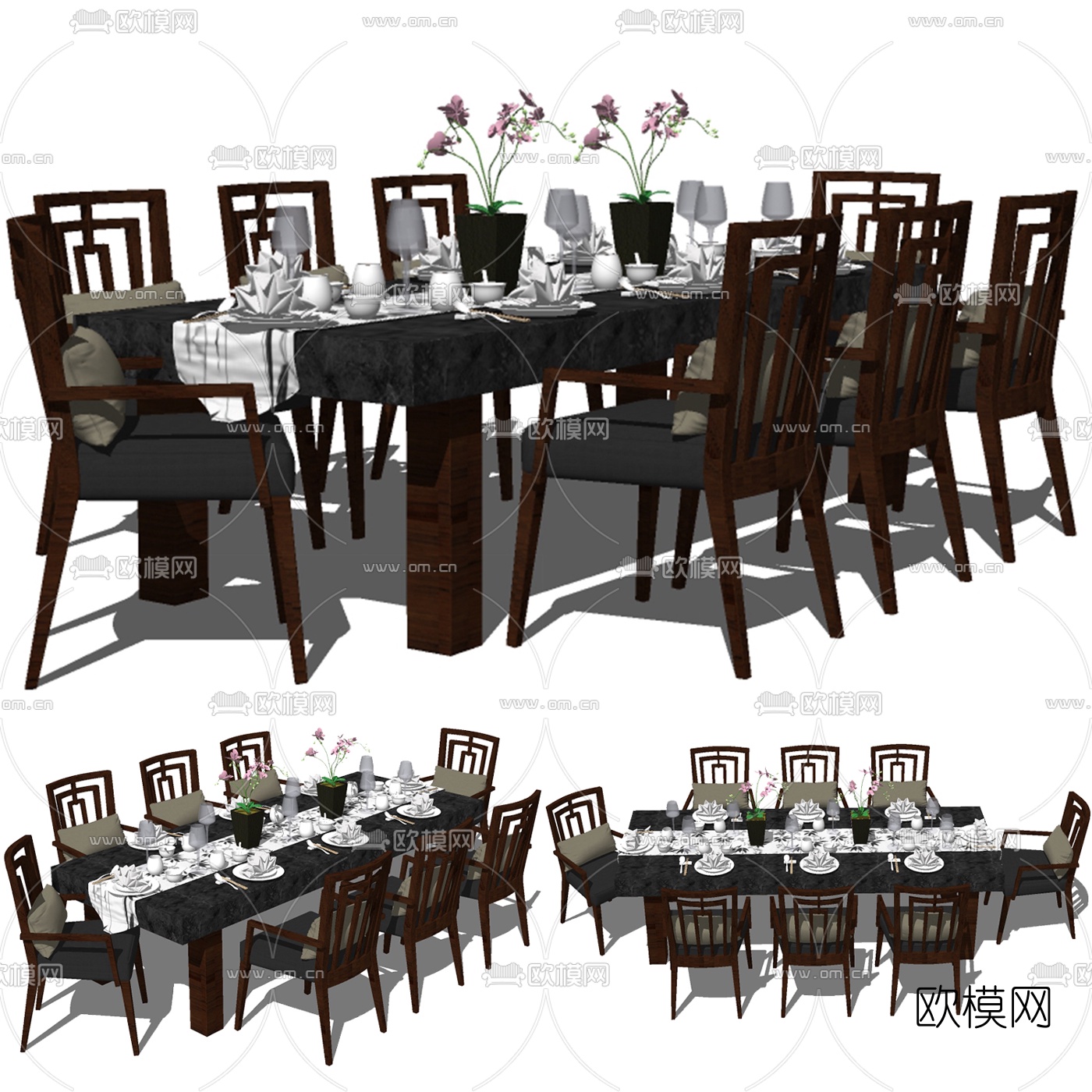 新中式实木餐桌椅免费su模型下载