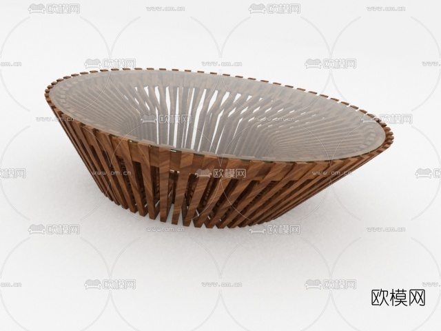 意大利Riva1920品牌 梁志天设计现代原木圆形镂空玻璃茶几3d模型下载(渲染图2)
