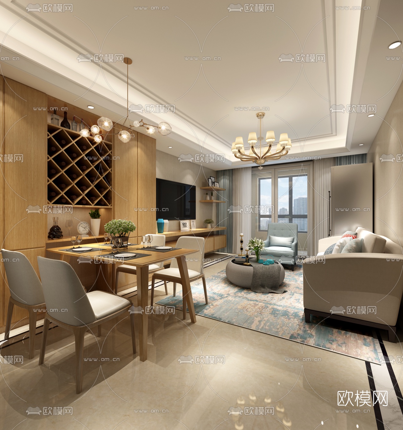 现代客厅餐厅空间3D模型下载_ID10456569_3dmax免费模型-欧模网
