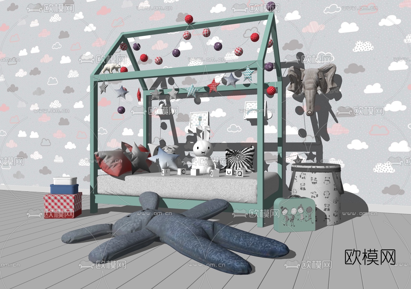 北欧实木儿童床su模型下载