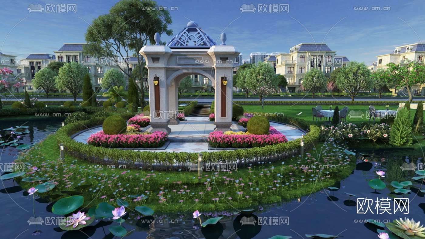 欧式小区亭子园林景观3d模型下载（渲染图1）