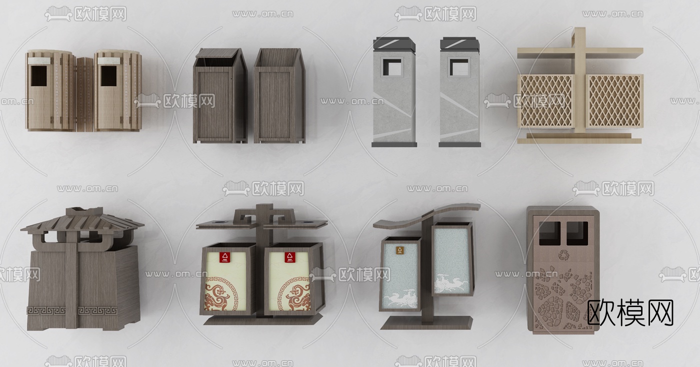 新中式实木公共垃圾桶组合3d模型下载