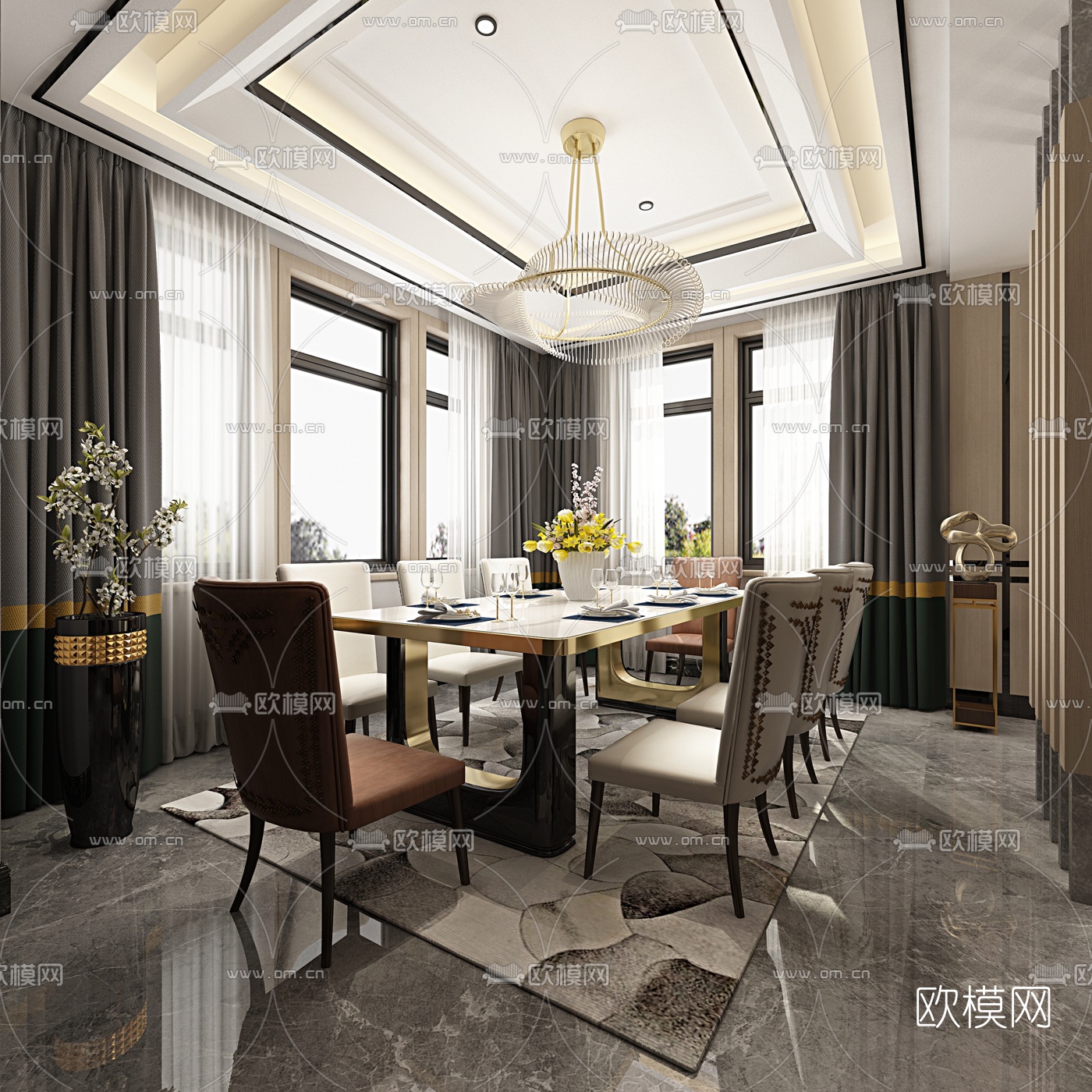 新古典别墅客厅餐厅3D模型下载（渲染图2）