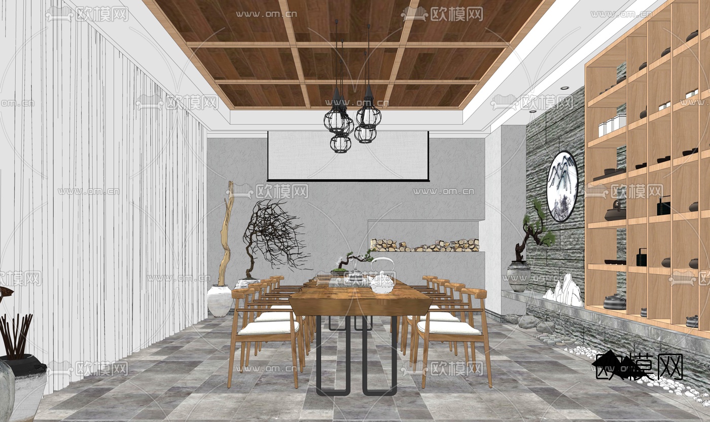 新中式茶室su模型