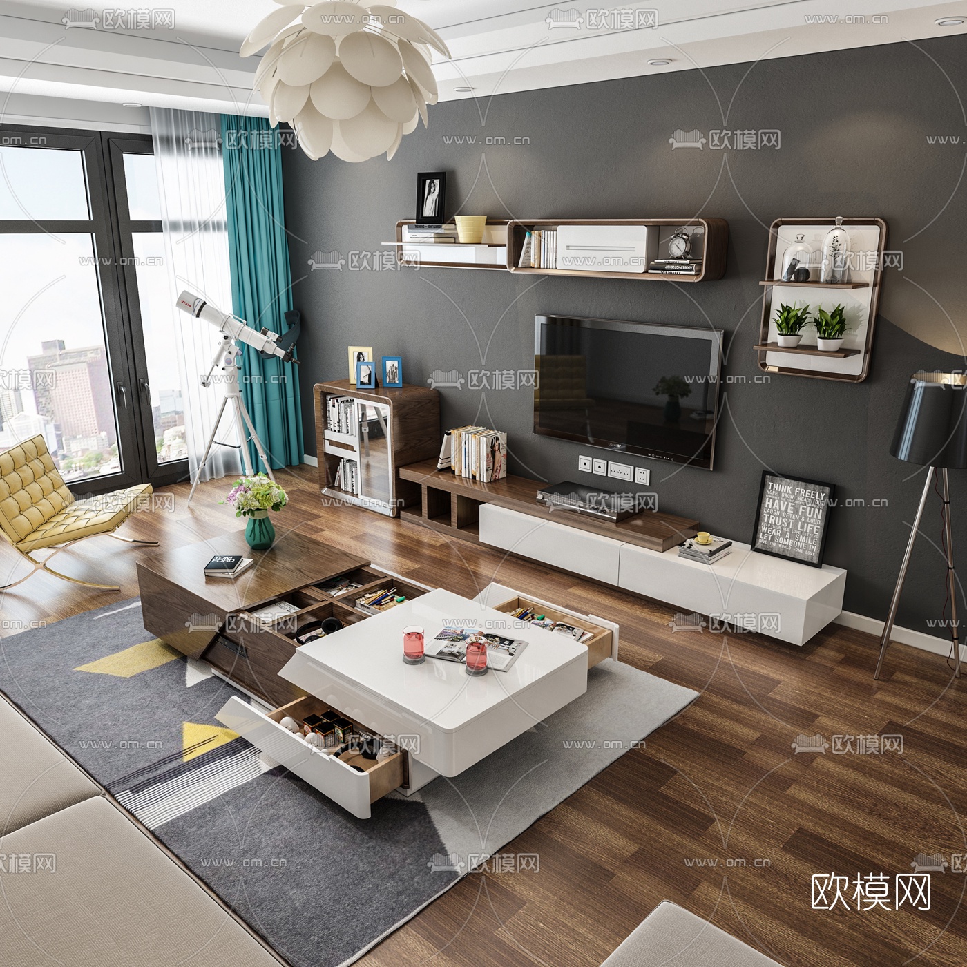 现代实木茶几电视柜休闲椅吊灯组合3D模型