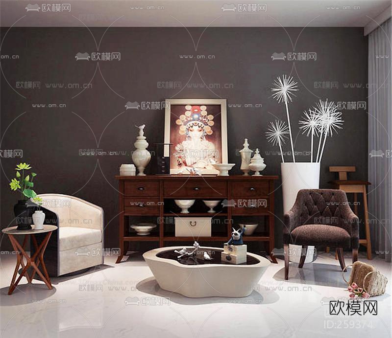 新中式边柜休闲椅摆件挂件组合3D模型