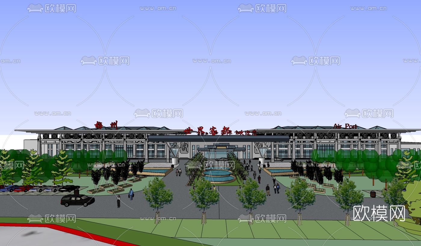 中式机场航站楼su模型下载（渲染图3）