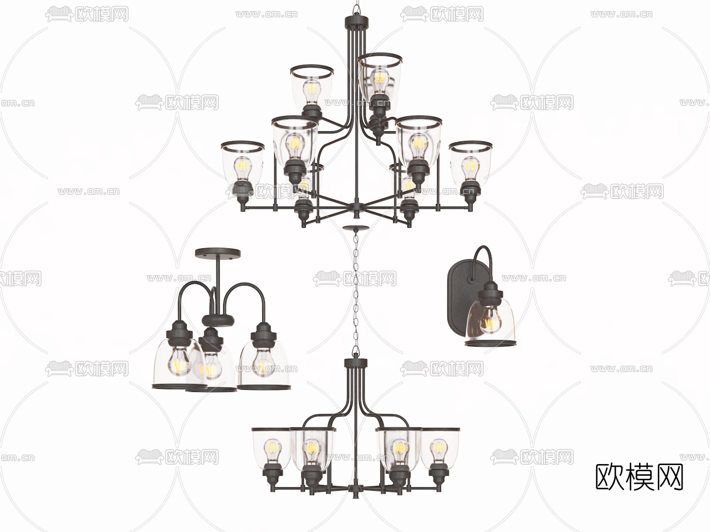 美式吊灯壁灯组合3d模型下载（渲染图1）