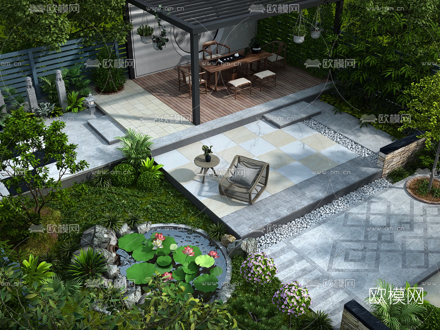 新中式庭院花园鸟瞰3d模型下载_ID10031502_3dmax免费模型-欧模网