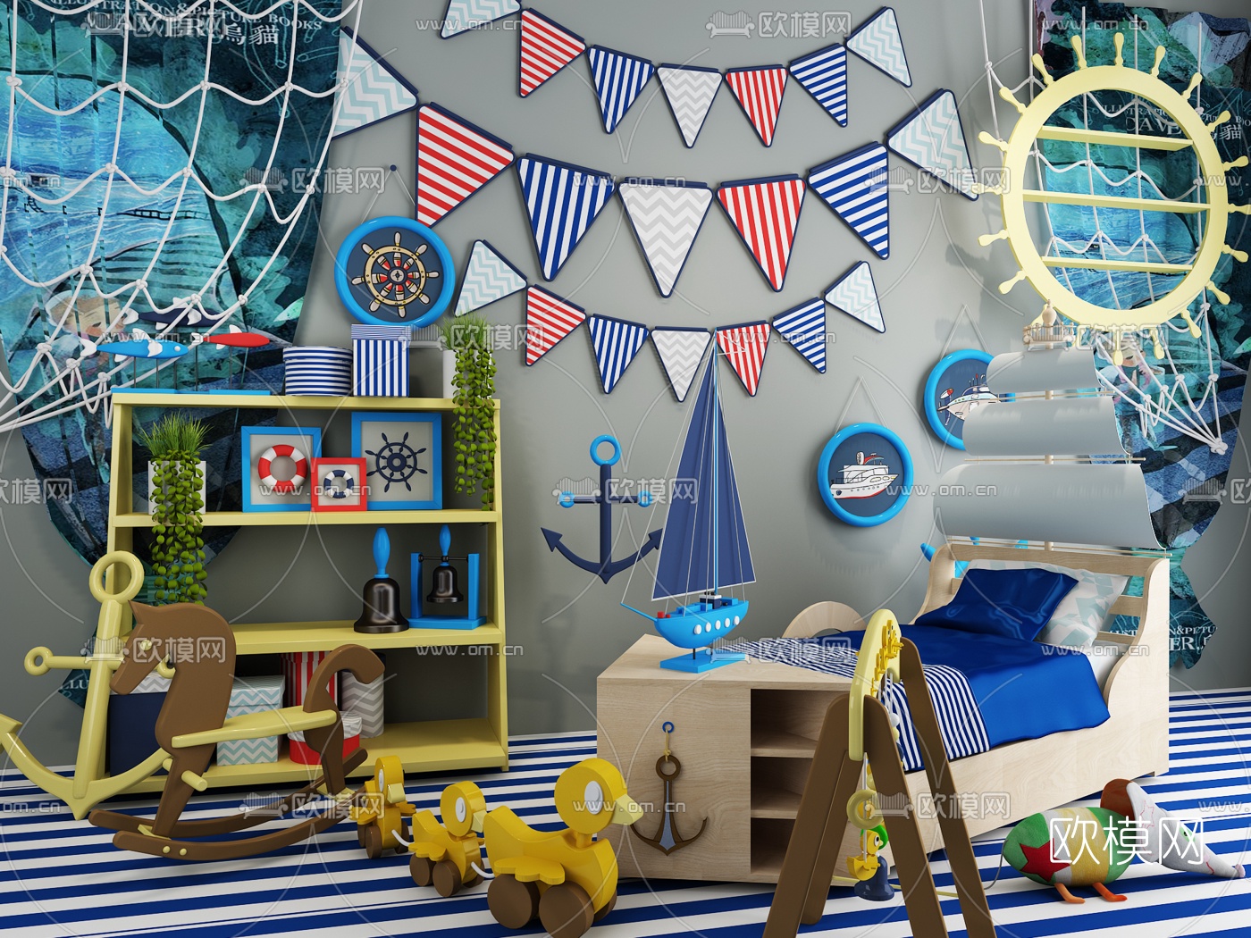 地中海儿童床木马挂件摆件组合3d模型下载