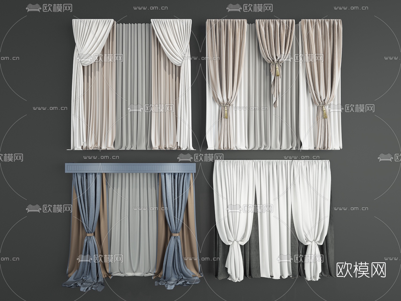 简欧布艺窗帘组合3D模型下载