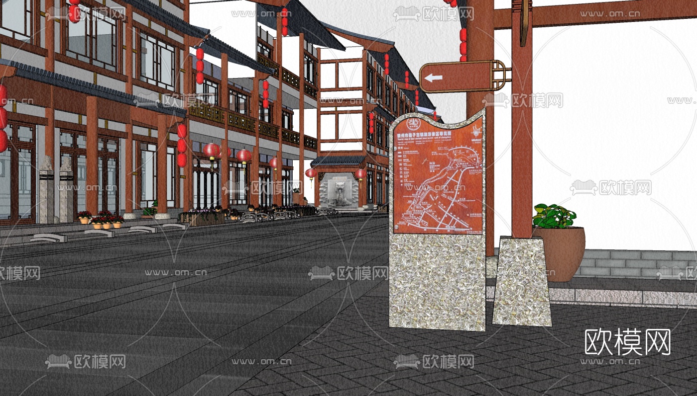 中式民俗商业街su模型下载（渲染图2）