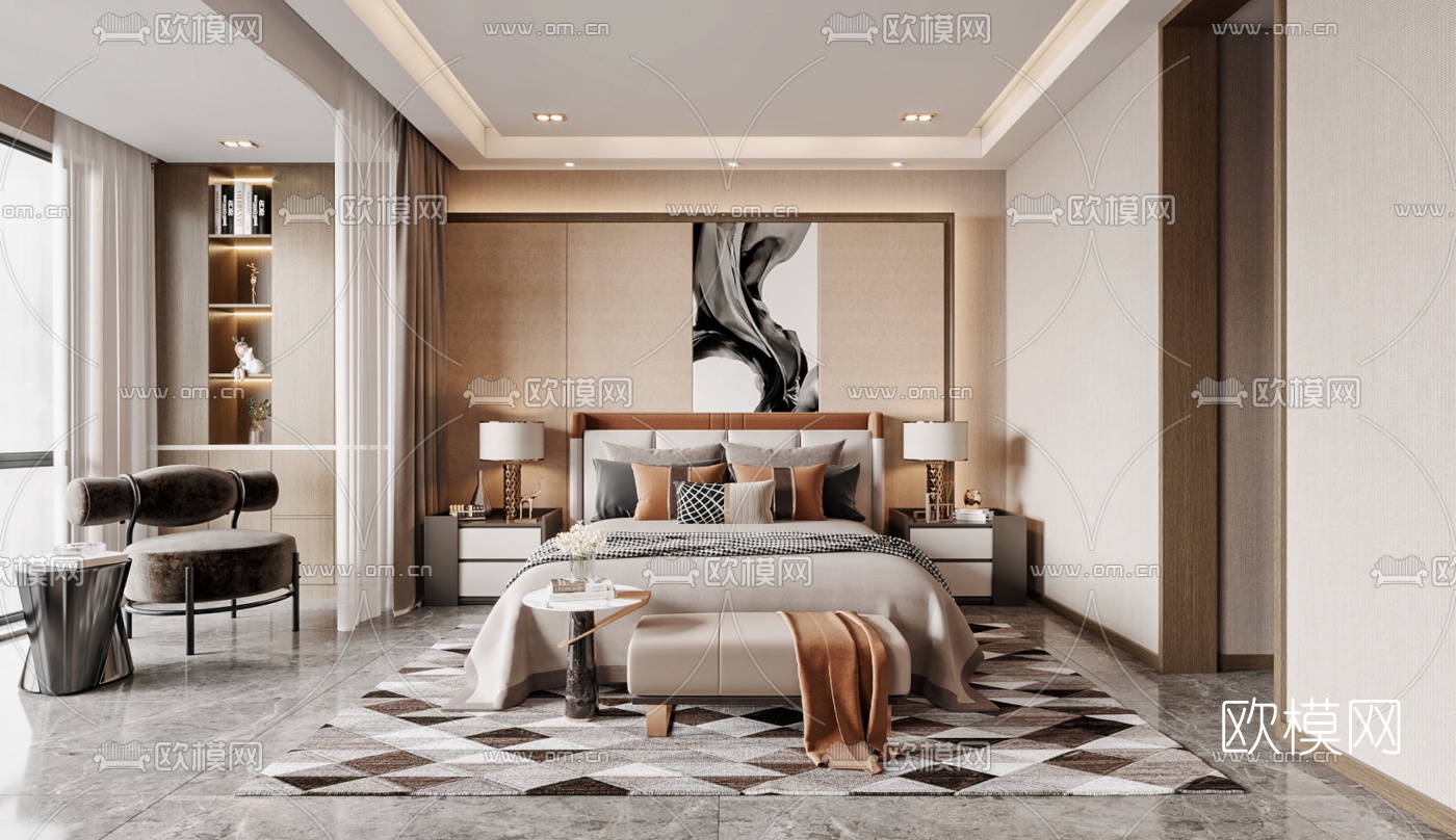 现代公寓卧室3d模型下载（渲染图1）