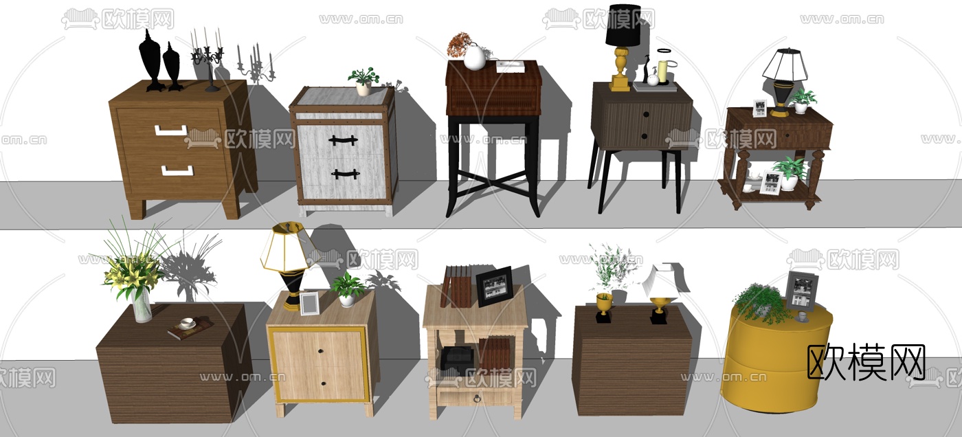 新中式实木床头柜组合su模型下载（渲染图2）