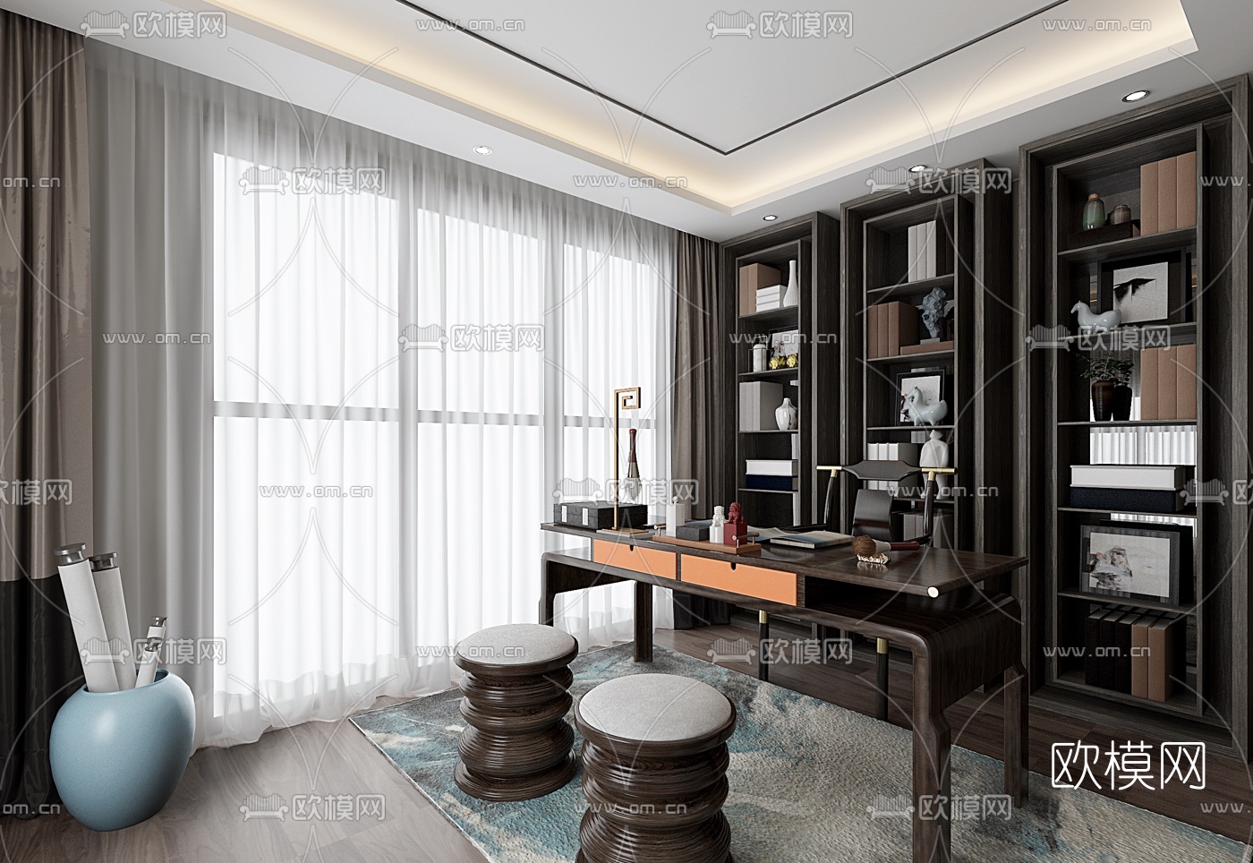 大朴设计 新中式书房3d模型下载