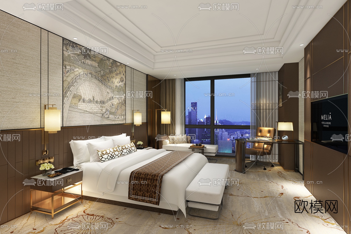 新中式酒店客房标准间免费3d模型下载_ID10174713_3dmax免费模型-欧模网
