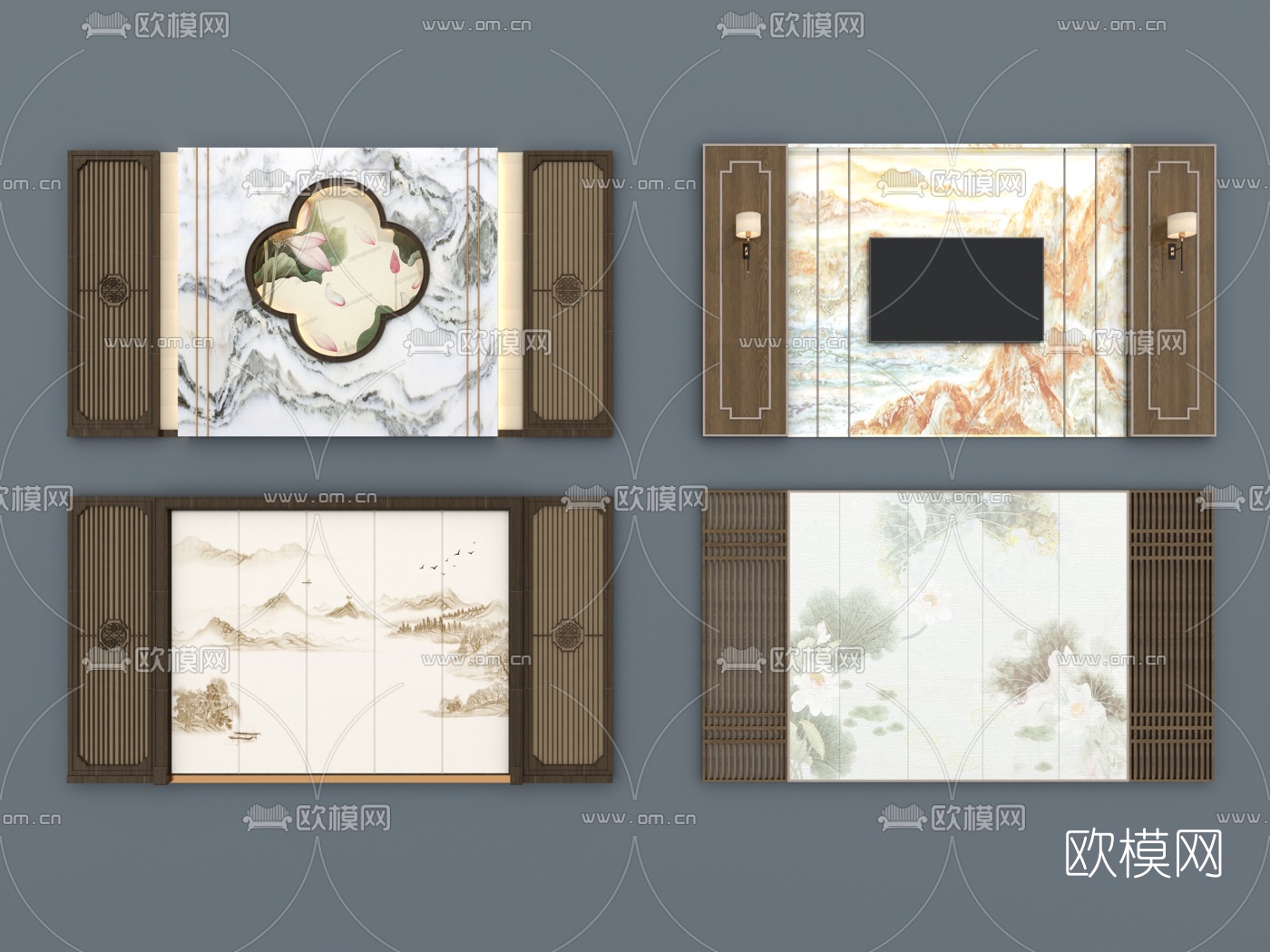 新中式电视背景墙3d模型