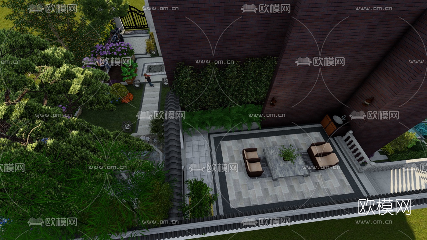 新中式庭院花园设计su模型下载（渲染图2）