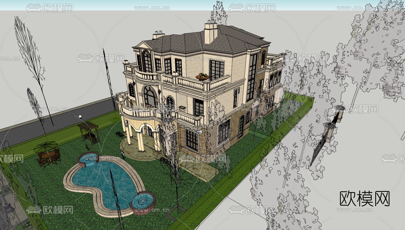 欧式独栋别墅su模型下载（渲染图3）
