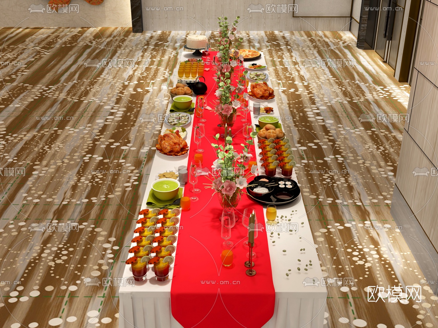 现代酒店西餐厅长桌食物3d模型